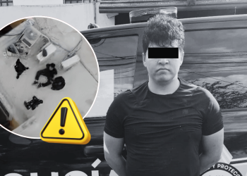 Man with eyes blacked out standing in front of a police SUV; inset circle shows a messy scene resembling a crime scene with scattered items and a yellow warning icon overlaid.