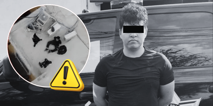 Man with eyes blacked out standing in front of a police SUV; inset circle shows a messy scene resembling a crime scene with scattered items and a yellow warning icon overlaid.
