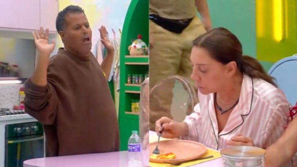 Escena de pantalla dividida: un hombre con camisa marrón levanta las manos mientras habla, mientras una mujer en pijama rosa está sentada a una mesa comiendo.
